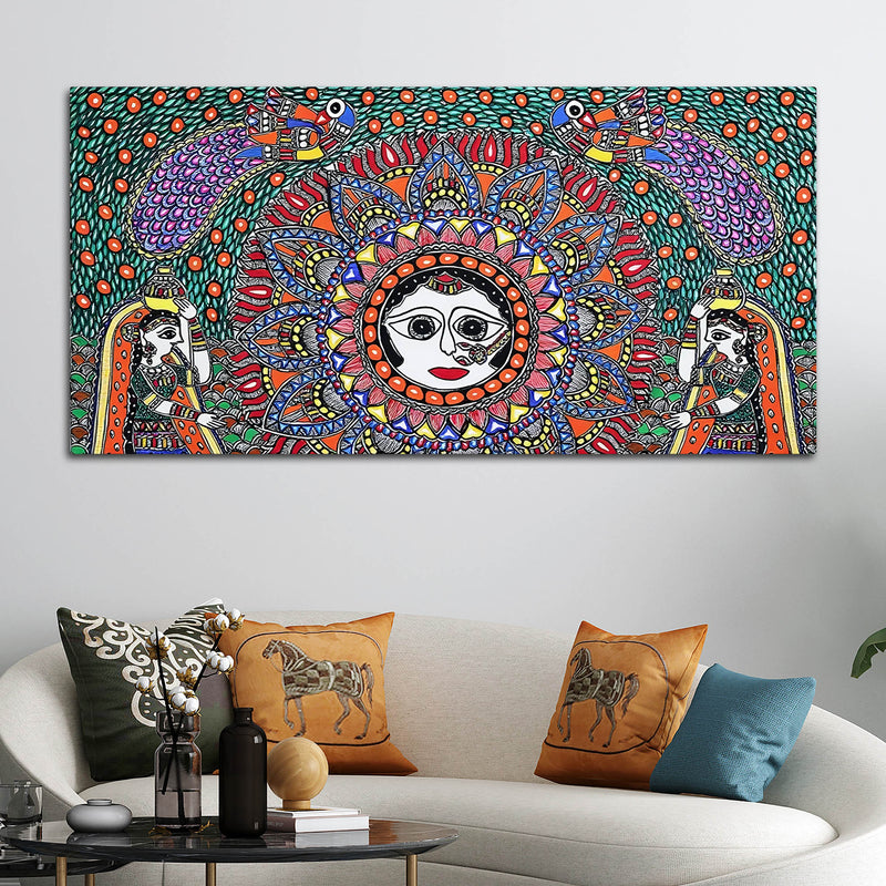 Vibrant Madhubani Surya Canvas Wall Painting