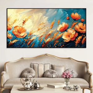 Vibrant Orange Flowers Floral Meadow Abstract Canvas Wall Painting