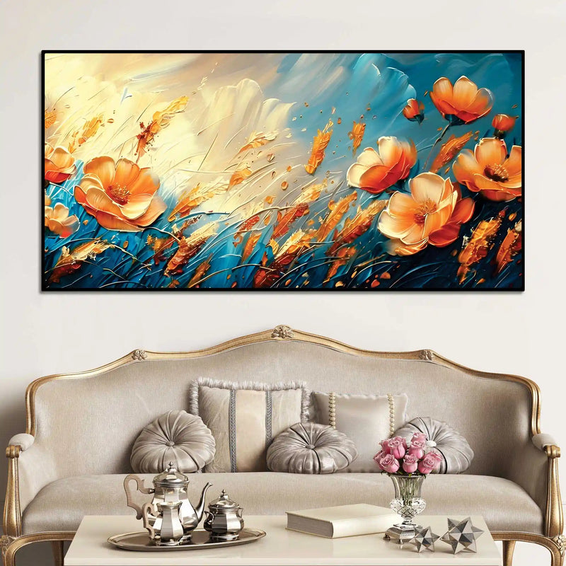 Vibrant Orange Flowers Floral Meadow Abstract Canvas Wall Painting