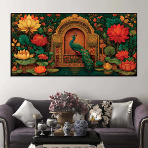 vibrant-peacock-and-red-lotus-floral-canvas-wall-painting