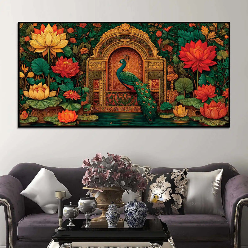 vibrant-peacock-and-red-lotus-floral-canvas-wall-painting