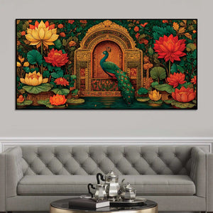 Vibrant Peacock and Red Lotus Floral Canvas Wall Painting