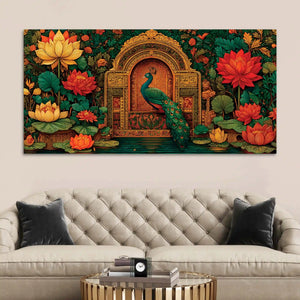 Vibrant Peacock and Red Lotus Floral Canvas Wall Painting