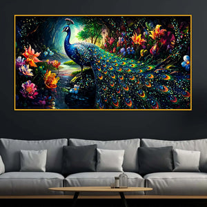 Vibrant Peacock Crystal Wall Painting with Floating Frame