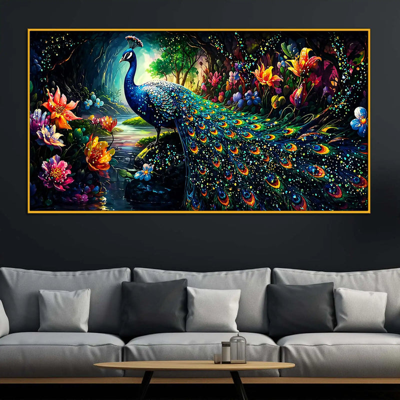 Vibrant Peacock Crystal Wall Painting with Floating Frame