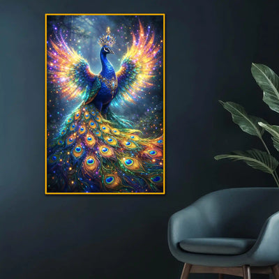 Vibrant Peacock Floating Frame Crystal Wall Painting