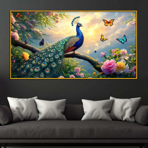 Vibrant Peacock Floral Floating Frame Crystal Wall Painting