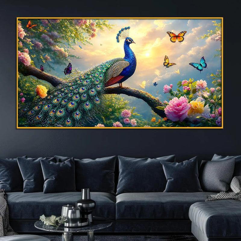 Vibrant Peacock Floral Floating Frame Crystal Wall Painting