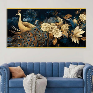 Vibrant Peacock in Golden Blossom Garden Premium Canvas Wall Painting