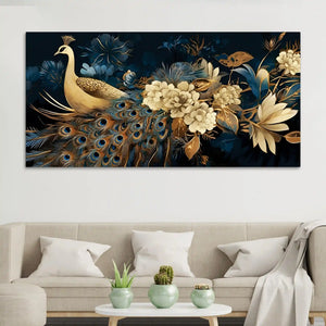Vibrant Peacock in Golden Blossom Garden Premium Canvas Wall Painting