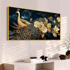 Vibrant Peacock in Golden Blossom Garden Premium Canvas Wall Painting