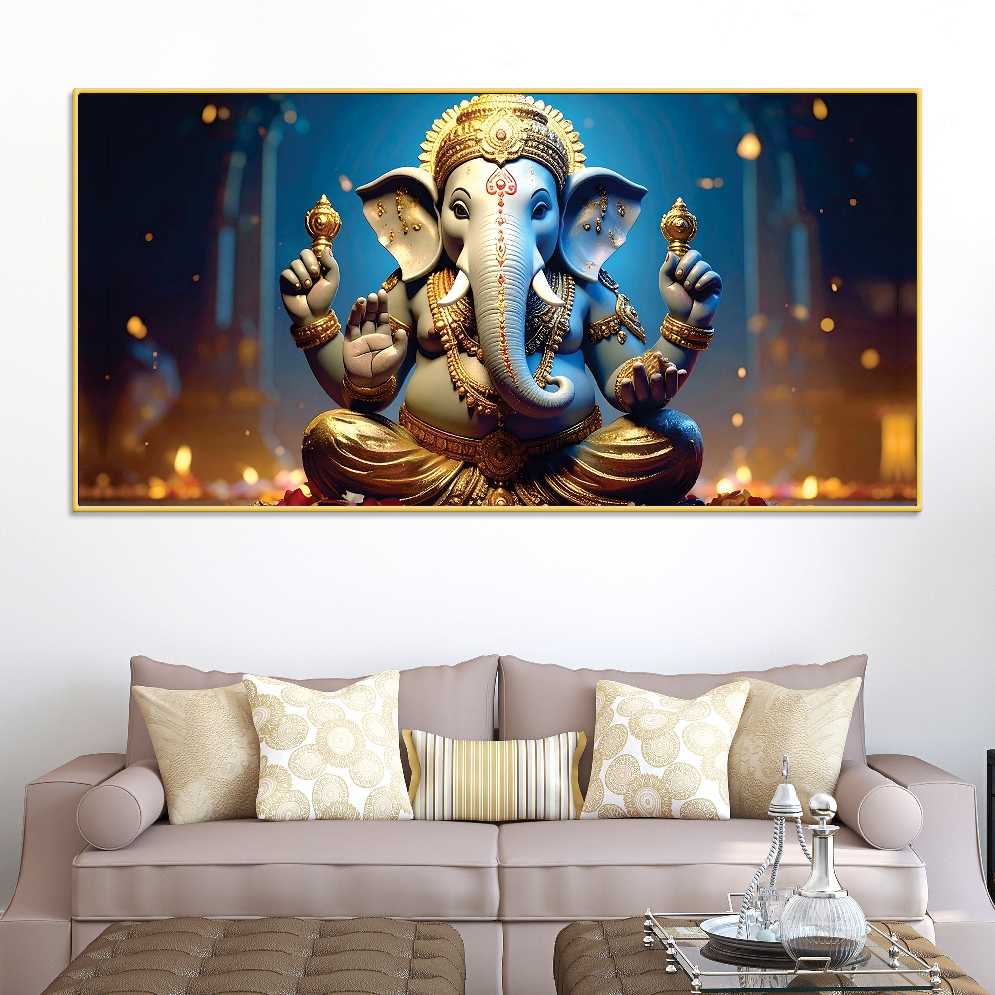 Vibrant Seated Lord Shri Ganesha Idol Canvas Wall Painting for Home & Office Decoration – Modern Spiritual Wall Art