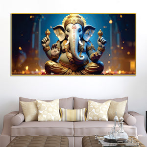 Vibrant Seated Lord Shri Ganesha Idol Canvas Wall Painting for Home & Office Decoration – Modern Spiritual Wall Art