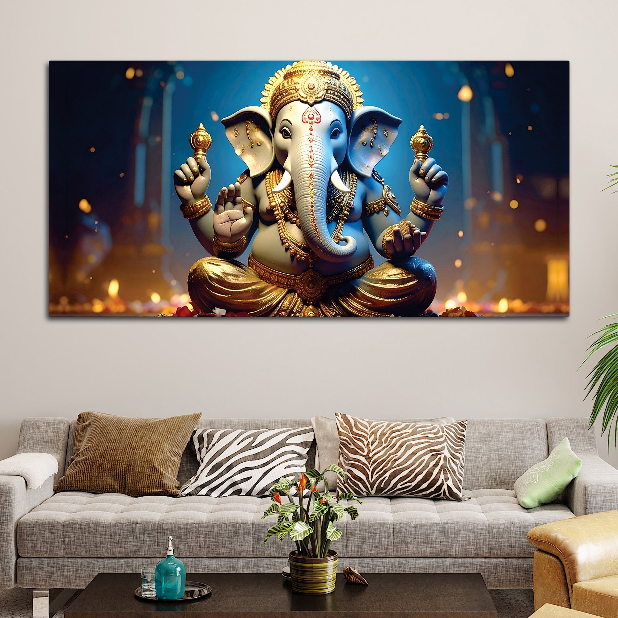 Vibrant Seated Lord Shri Ganesha Idol Canvas Wall Painting for Home & Office Decoration – Modern Spiritual Wall Art