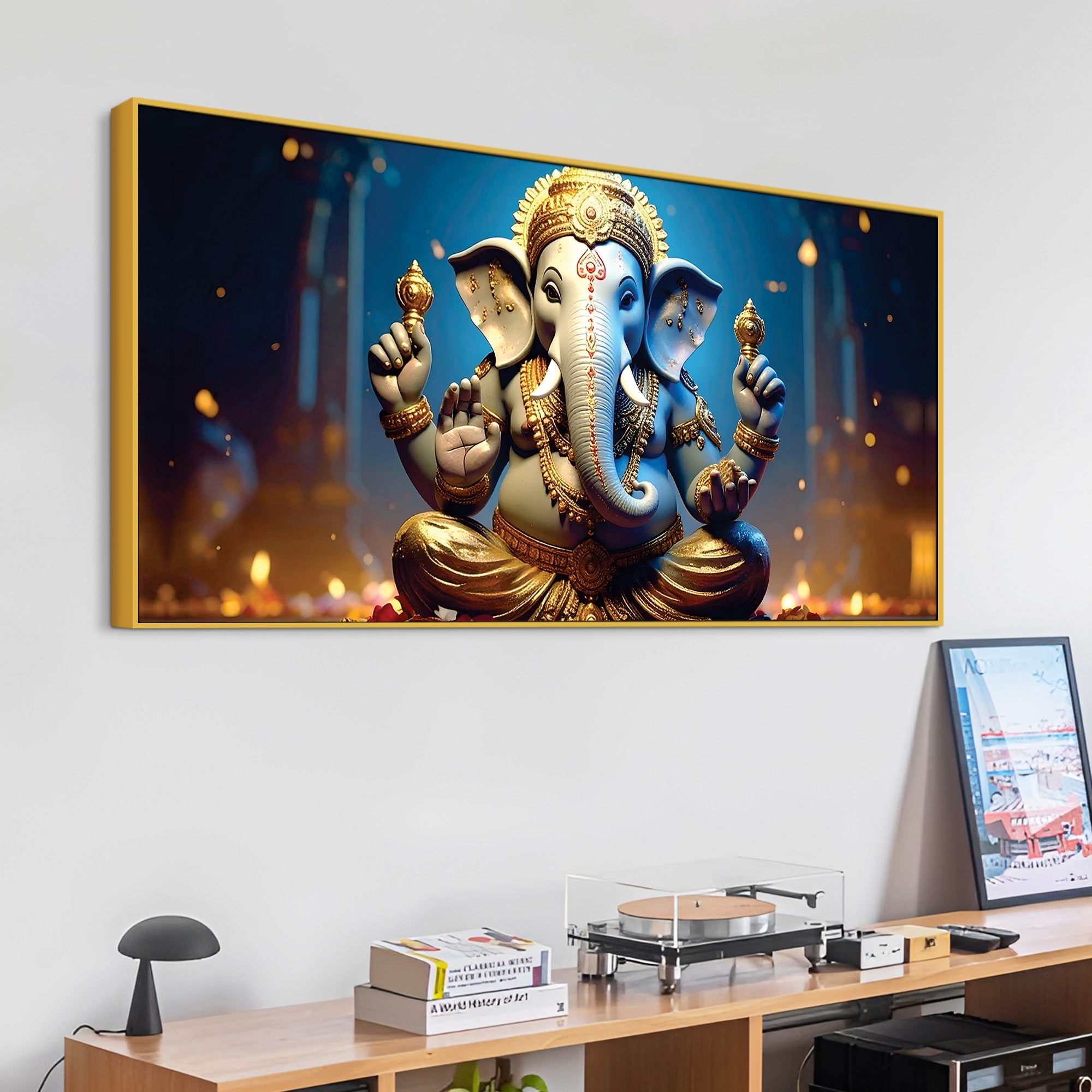 Vibrant Seated Lord Shri Ganesha Idol Canvas Wall Painting for Home & Office Decoration – Modern Spiritual Wall Art