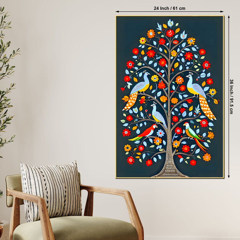 Vibrant Tree of Life Birds & Flowers Canvas Painting