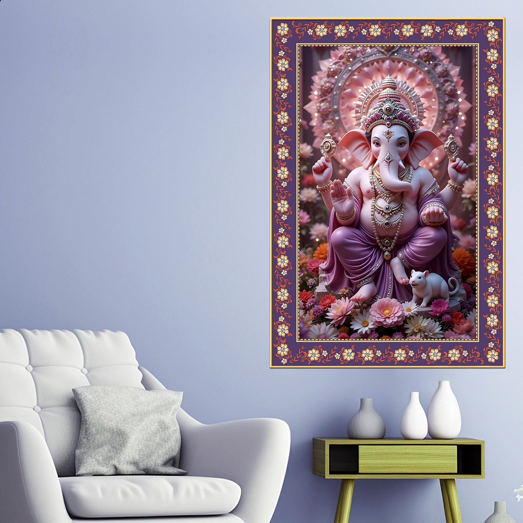 Vighnaharta Shree Ganesh Floral Border Vertical Wall Painting
