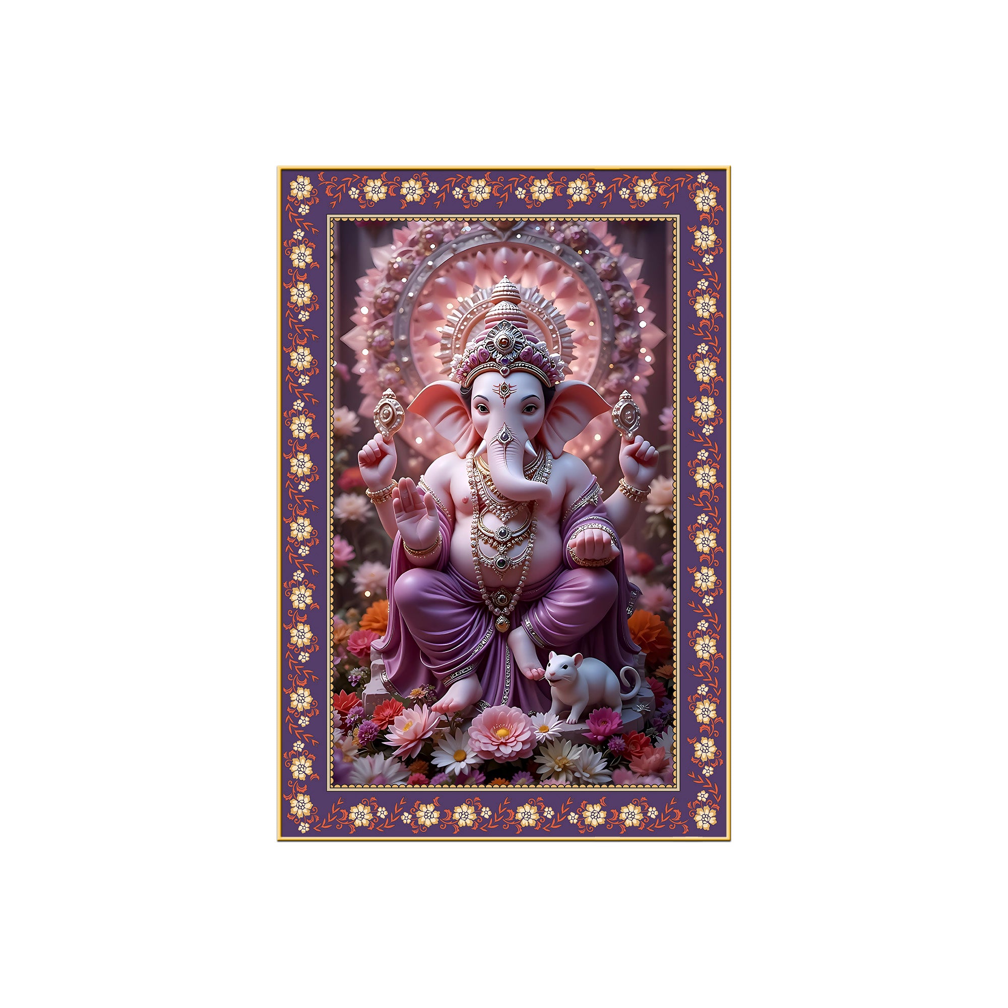 Vighnaharta Shree Ganesh Floral Border Vertical Wall Painting