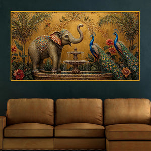Vintage Elephant and Peacock Floating Frame Crystal Wall Painting