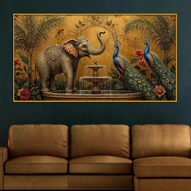 Vintage Elephant and Peacock Floating Frame Crystal Wall Painting