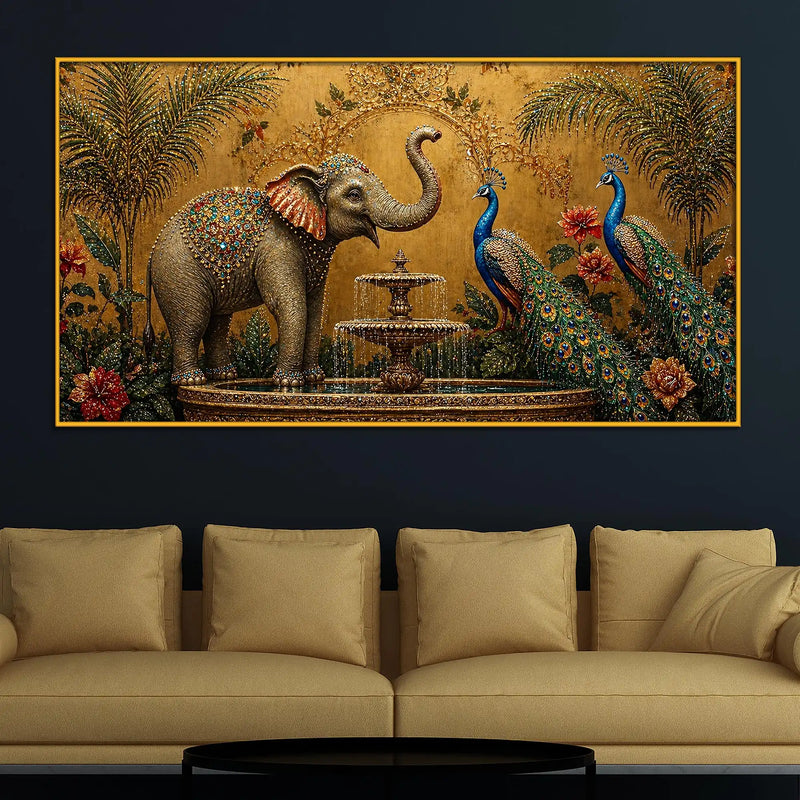 Vintage Elephant and Peacock Floating Frame Crystal Wall Painting