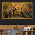 Vintage Elephant and Peacock Floating Frame Crystal Wall Painting