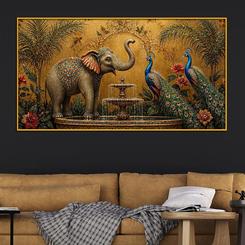 Vintage Elephant and Peacock Floating Frame Crystal Wall Painting