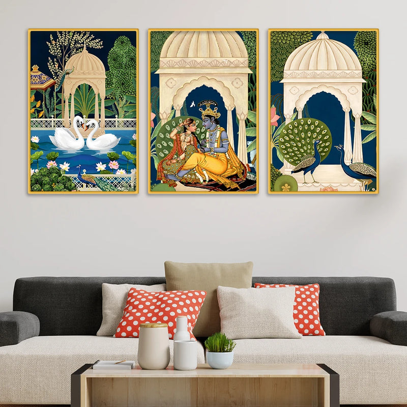 Vintage Indian Radha Krishna Canvas Wall Painting Set of Three