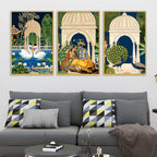 Vintage Indian Radha Krishna Canvas Wall Painting Set of Three