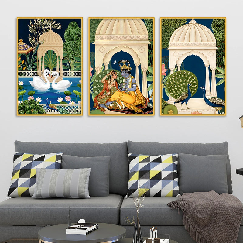 Vintage Indian Radha Krishna Canvas Wall Painting Set of Three