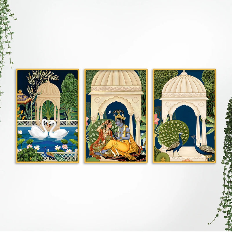 Vintage Indian Radha Krishna Canvas Wall Painting Set of Three