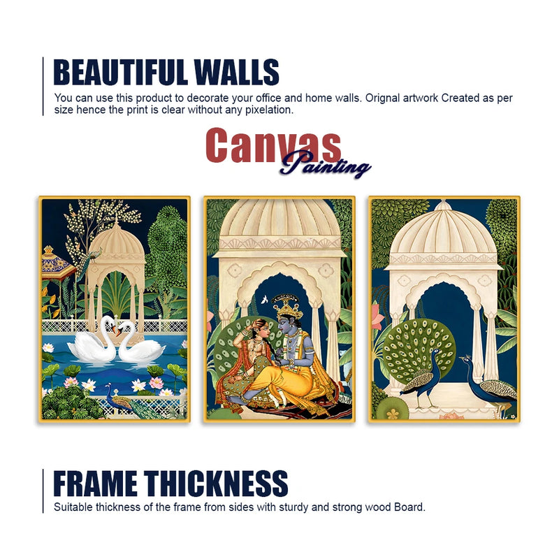 Vintage Indian Radha Krishna Canvas Wall Painting Set of Three