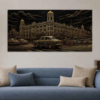 Vintage Kolkata Heritage Building & Yellow Taxi Metallic Look 3D Canvas Wall Painting