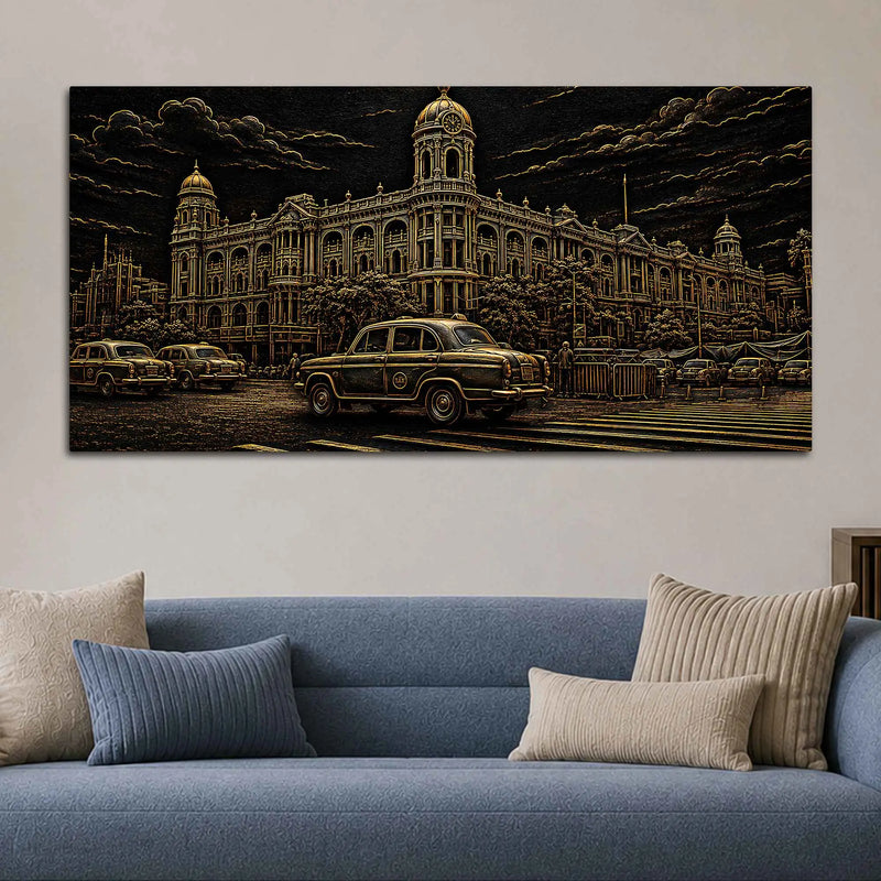 Vintage Kolkata Heritage Building & Yellow Taxi Metallic Look 3D Canvas Wall Painting