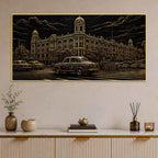 Vintage Kolkata Heritage Building & Yellow Taxi Metallic Look 3D Canvas Wall Painting