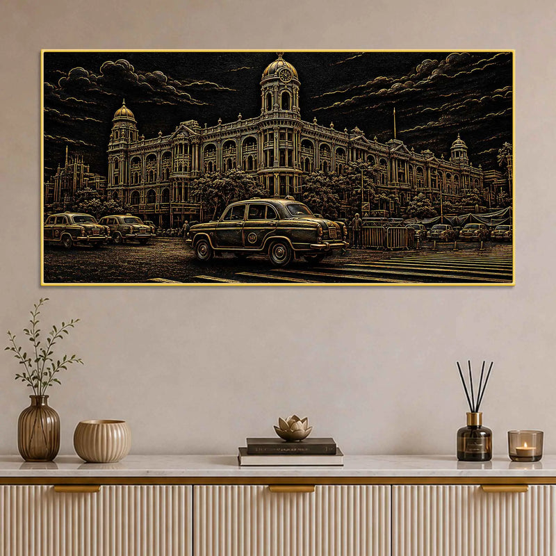 Vintage Kolkata Heritage Building & Yellow Taxi Metallic Look 3D Canvas Wall Painting