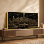 Vintage Kolkata Heritage Building & Yellow Taxi Metallic Look 3D Canvas Wall Painting