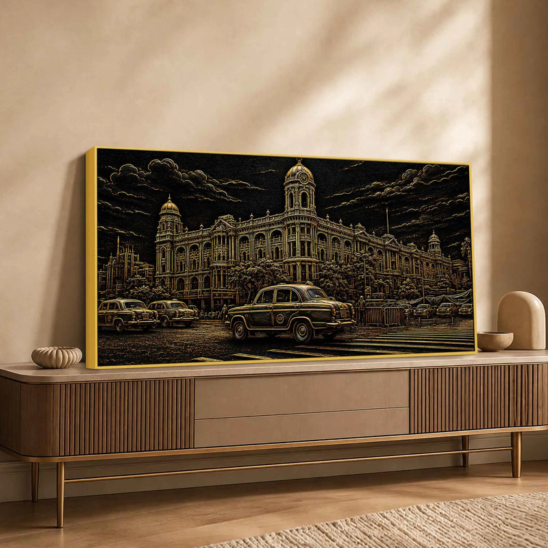 Vintage Kolkata Heritage Building & Yellow Taxi Metallic Look 3D Canvas Wall Painting