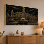 Vintage Kolkata Heritage Building & Yellow Taxi Metallic Look 3D Canvas Wall Painting