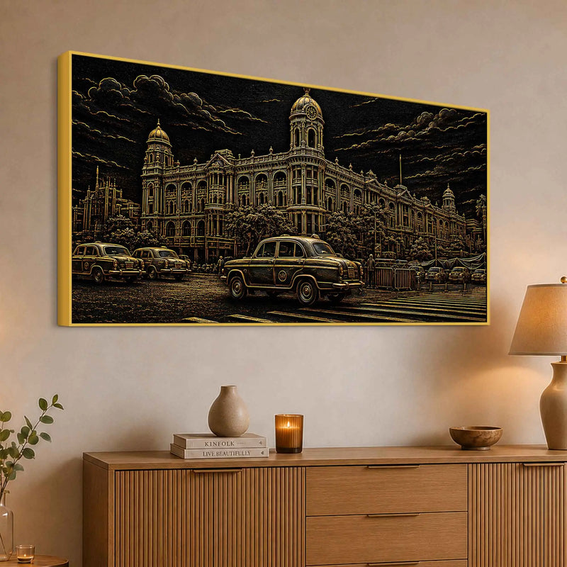 Vintage Kolkata Heritage Building & Yellow Taxi Metallic Look 3D Canvas Wall Painting