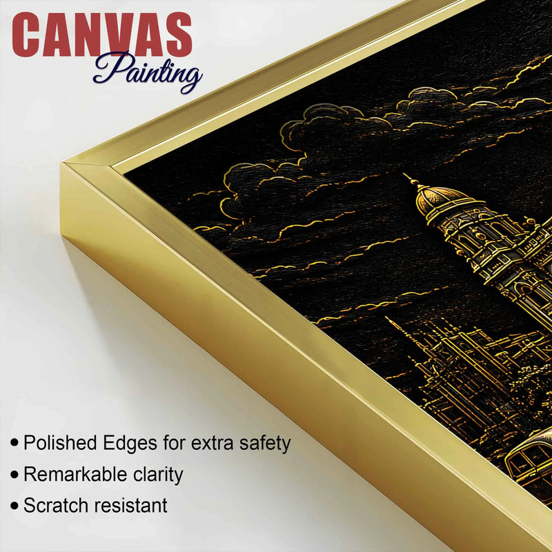 Vintage Kolkata Heritage Building & Yellow Taxi Metallic Look 3D Canvas Wall Painting