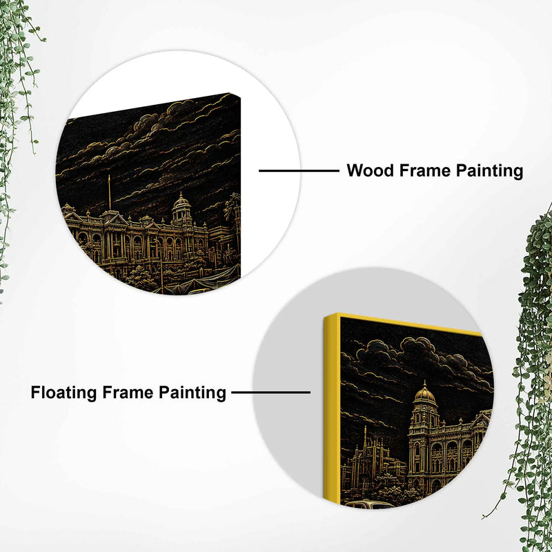 Vintage Kolkata Heritage Building & Yellow Taxi Metallic Look 3D Canvas Wall Painting