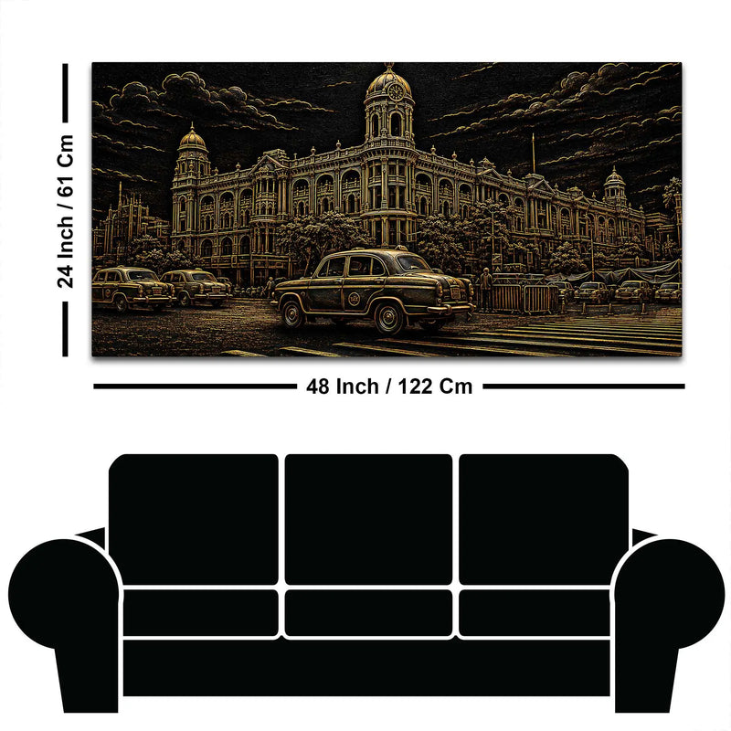 Vintage Kolkata Heritage Building & Yellow Taxi Metallic Look 3D Canvas Wall Painting