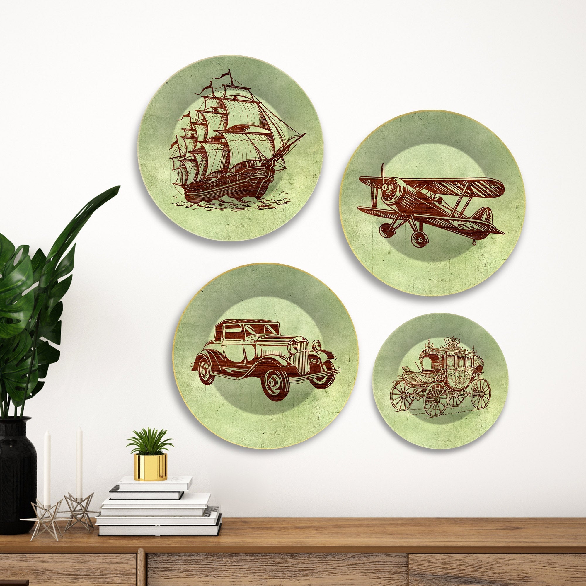 Vintage Means of Transport Wall Plates Painting Set of Four