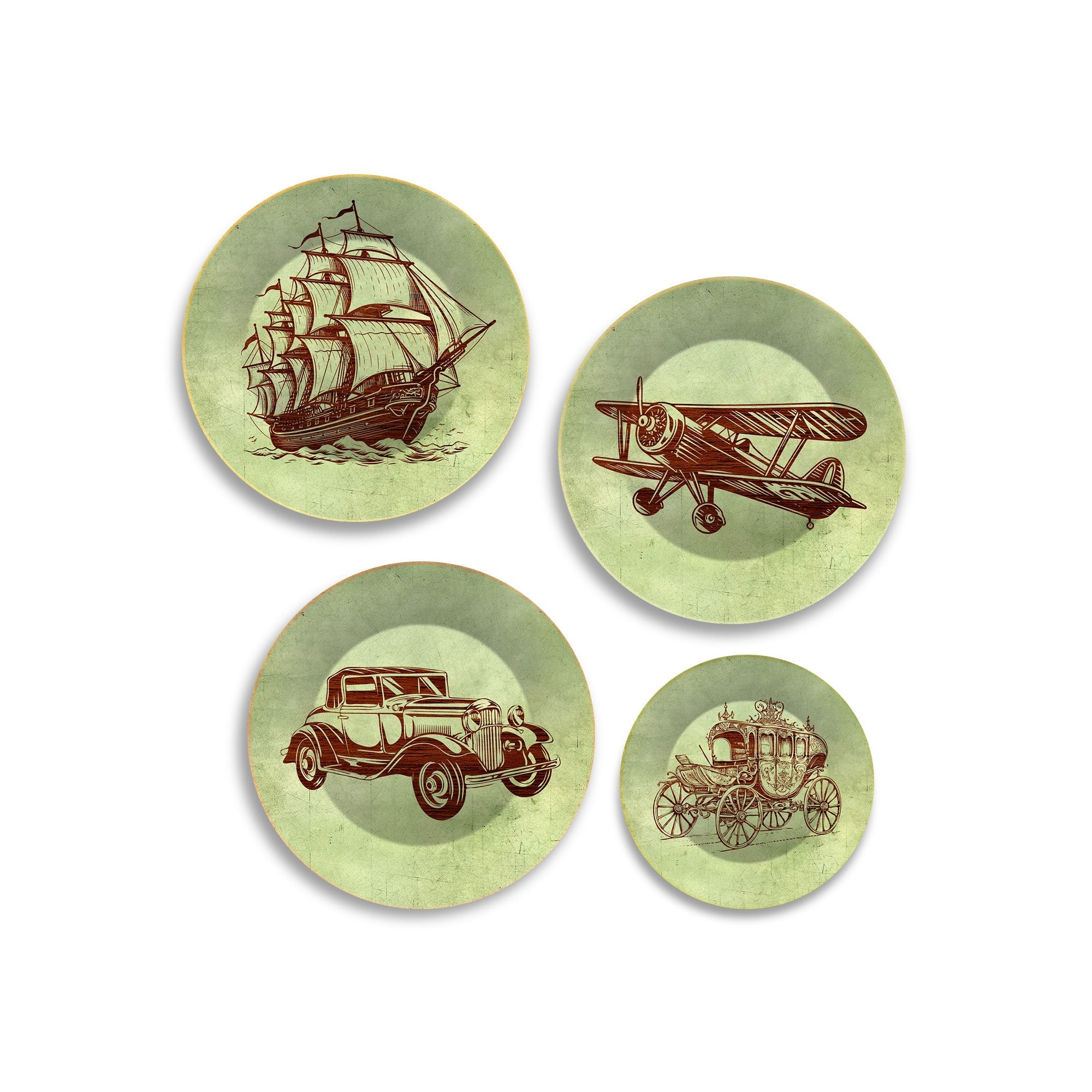 Vintage Means of Transport Wall Plates Painting Set of Four