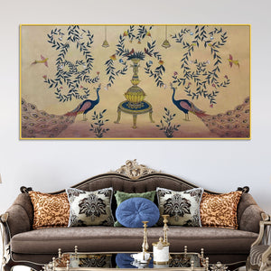 Vintage Pichwai Style Peacock Canvas Wall Painting for Home Decor