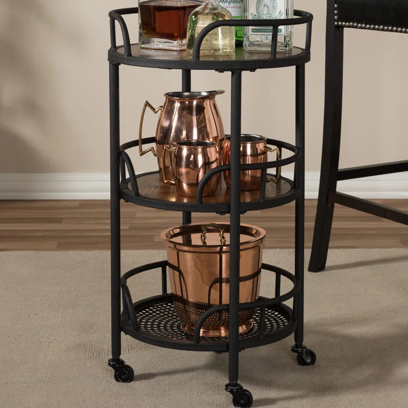 Vintage Round Bar Cart with Wood and Iron Finish