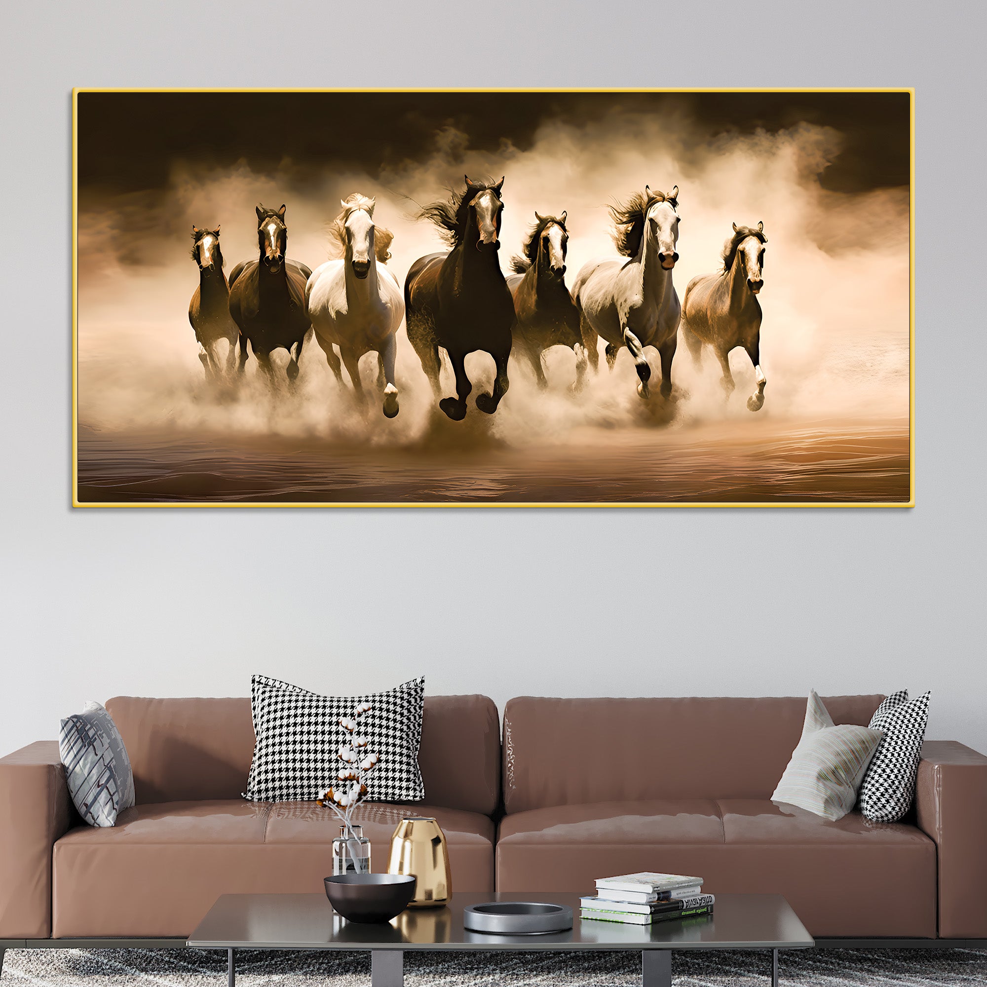Vintage Scene of Seven Horses Canvas Wall Painting