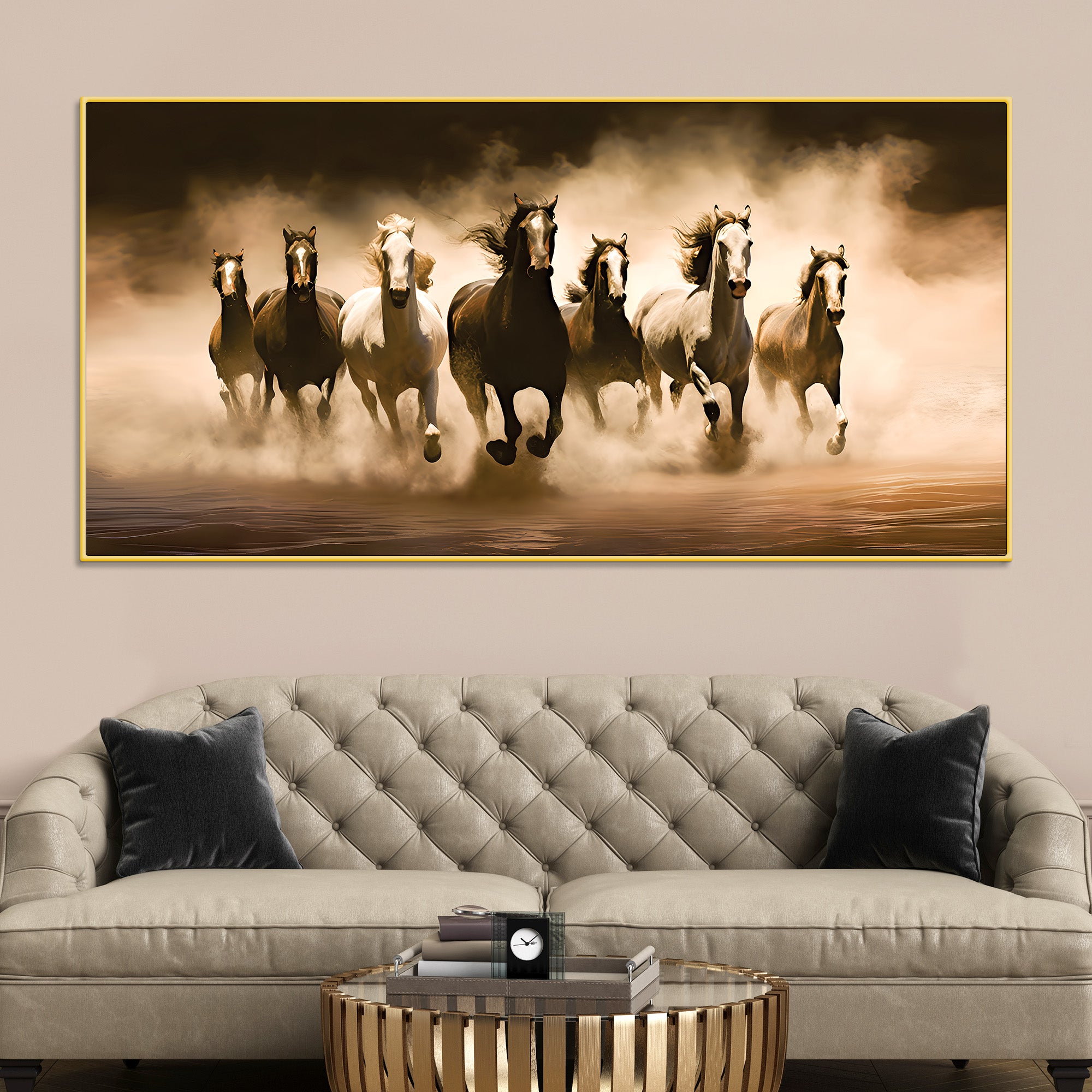 Vintage Scene of Seven Horses Canvas Wall Painting