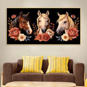 Vintage Style Horse Face & Flowers Canvas Wall Painting